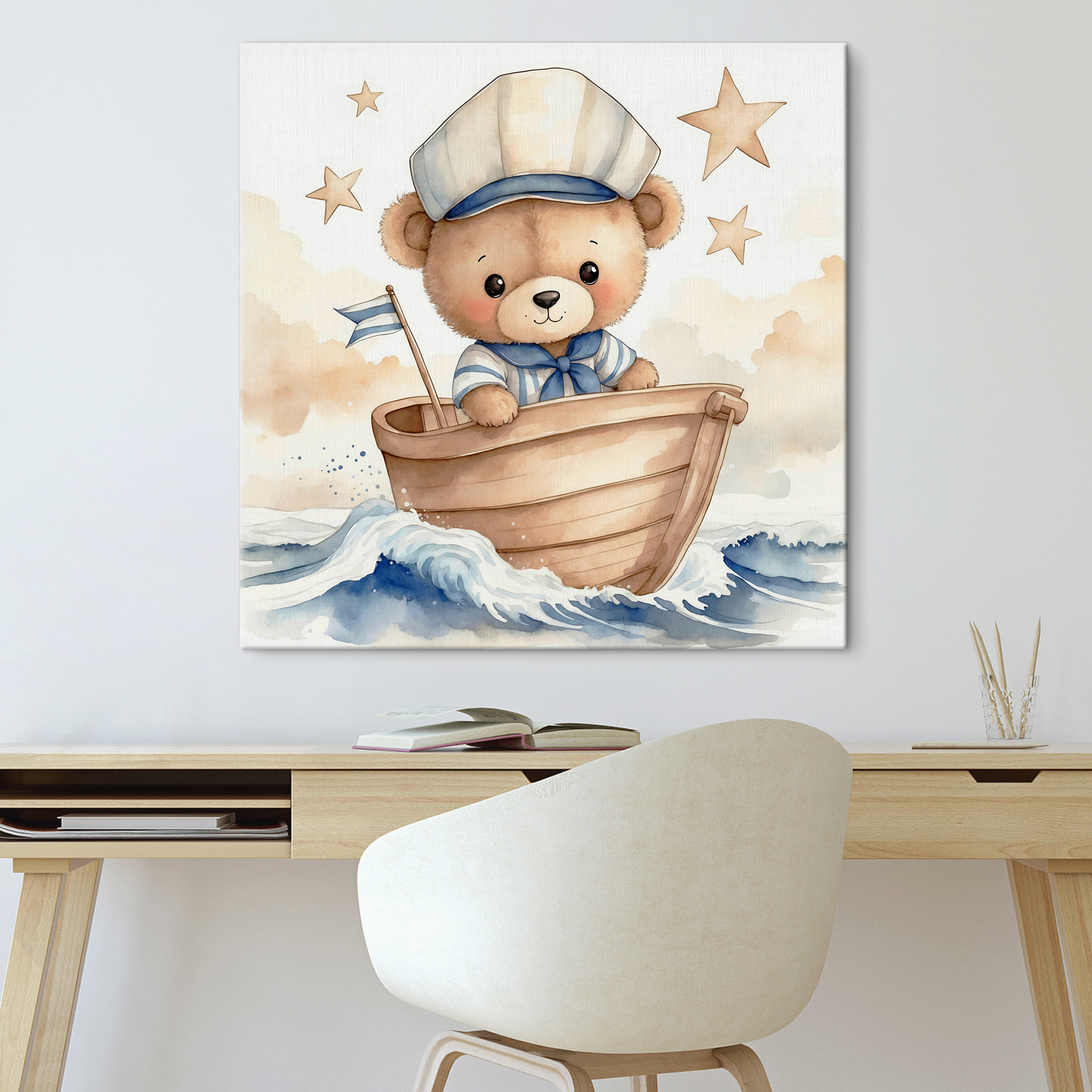 Watercolor of a teddy bear in a boat Watercolor of a teddy bear in a boat