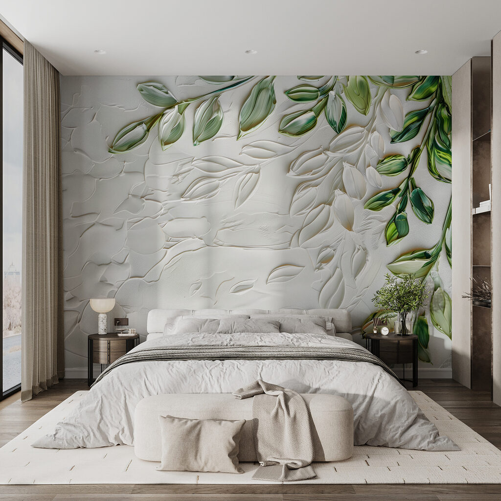 White surface with green leaves