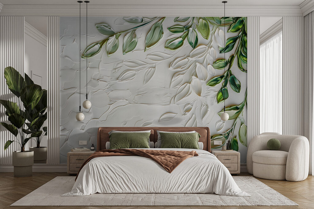 White surface with green leaves