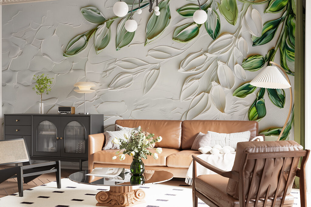 White surface with green leaves