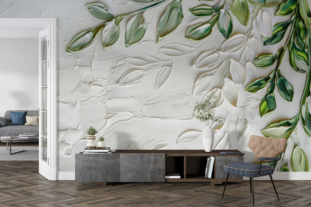 White surface with green leaves