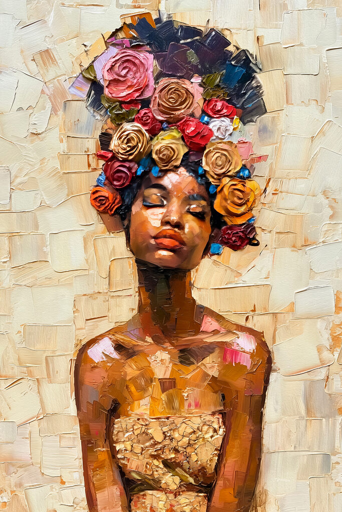 Painting of a woman with flowers on her head Painting of a woman with flowers on her head