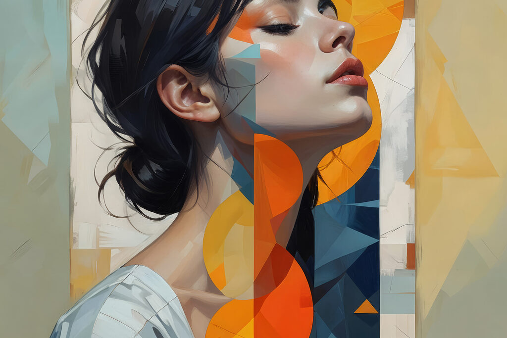 Woman with black hair and orange and blue circles Woman with black hair and orange and blue circles