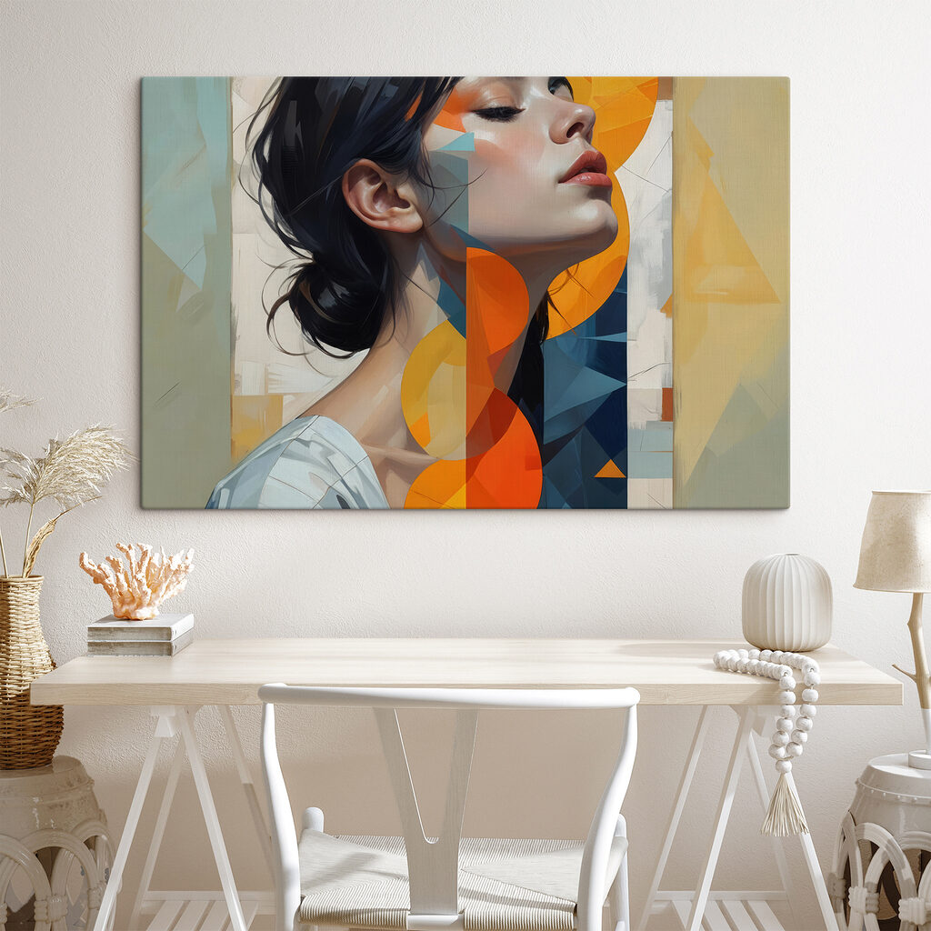 Woman with black hair and orange and blue circles Woman with black hair and orange and blue circles