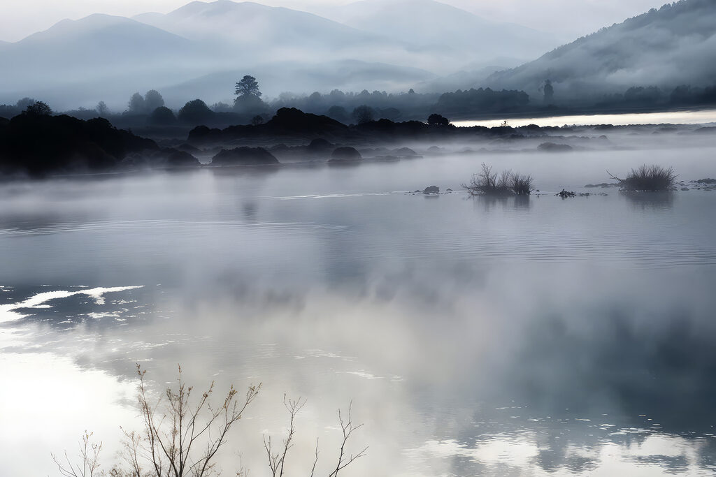 Foggy landscape with mountains and water Foggy landscape with mountains and water