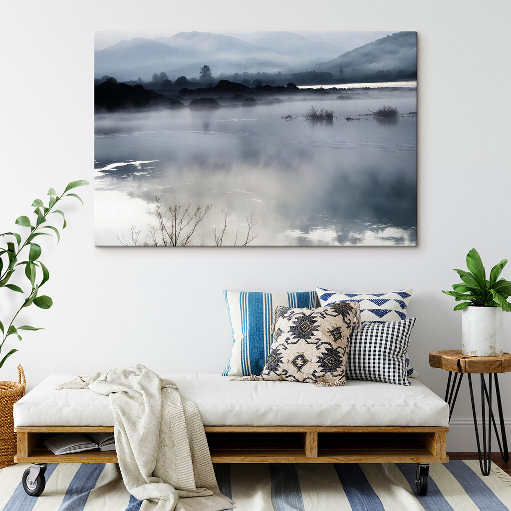 Foggy landscape with mountains and water Foggy landscape with mountains and water
