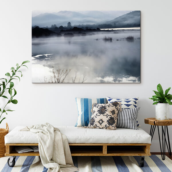 Foggy landscape with mountains and water Foggy landscape with mountains and water