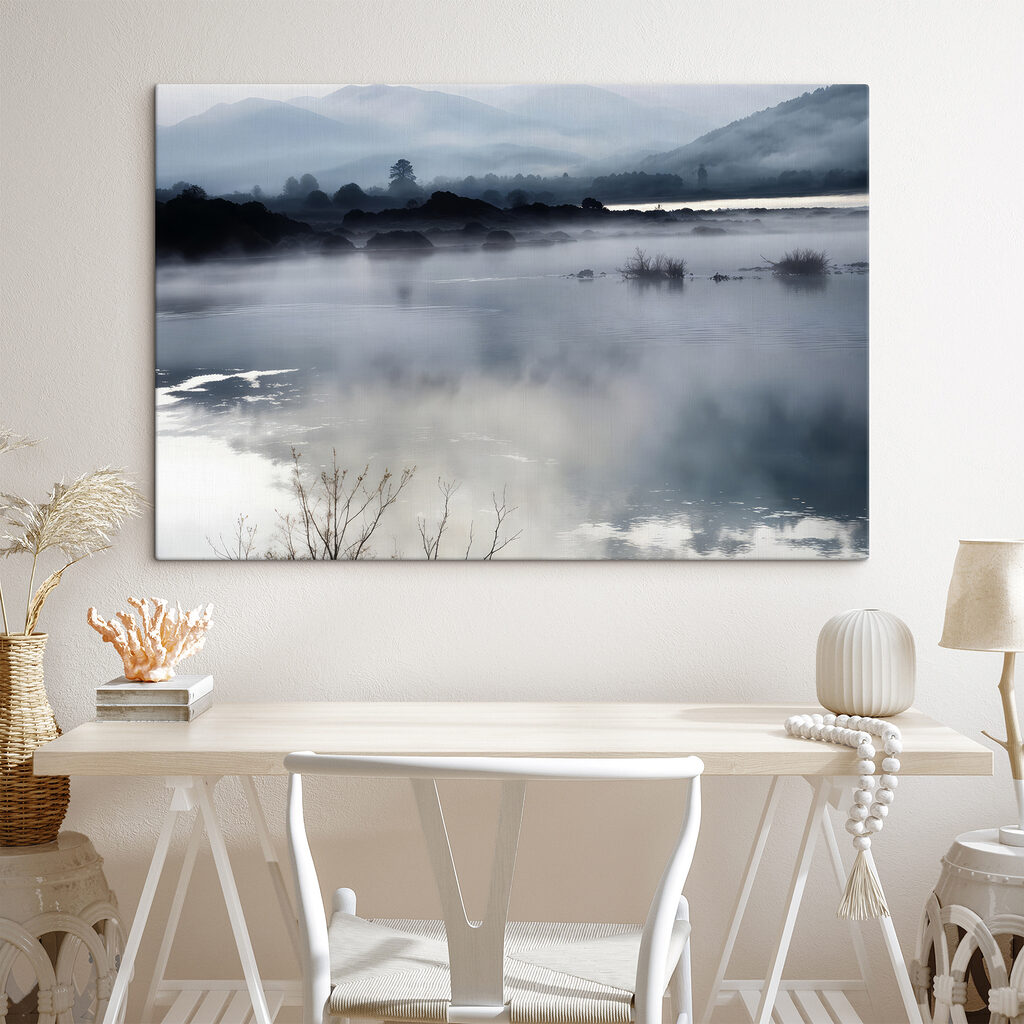 Foggy landscape with mountains and water Foggy landscape with mountains and water