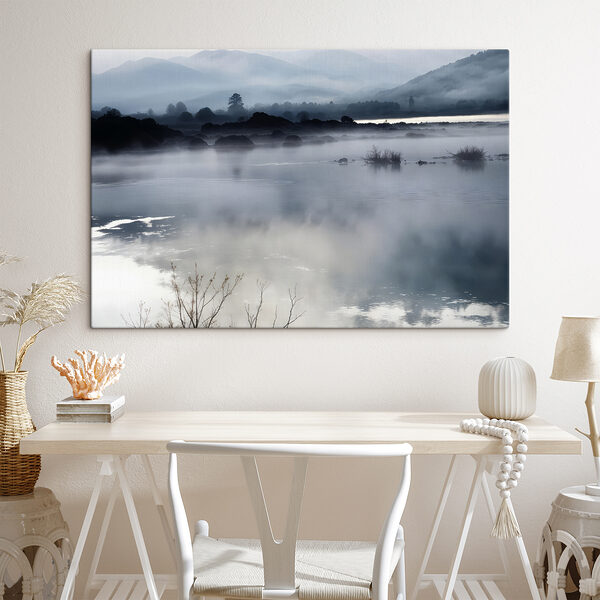 Foggy landscape with mountains and water Foggy landscape with mountains and water