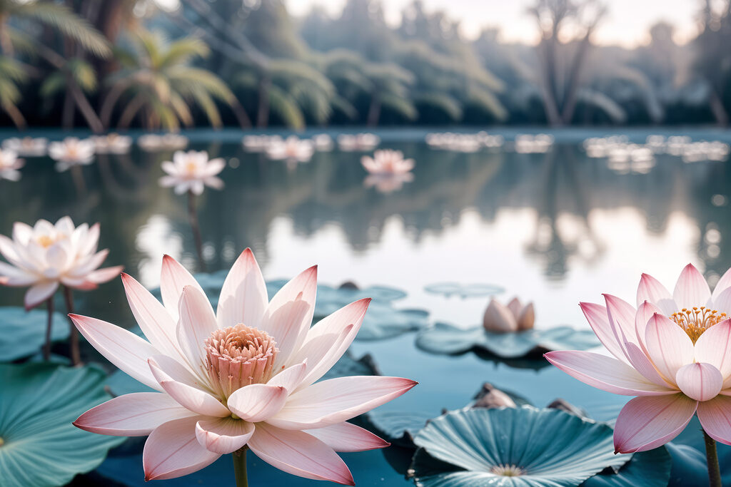 Pink and white flowers on a lake