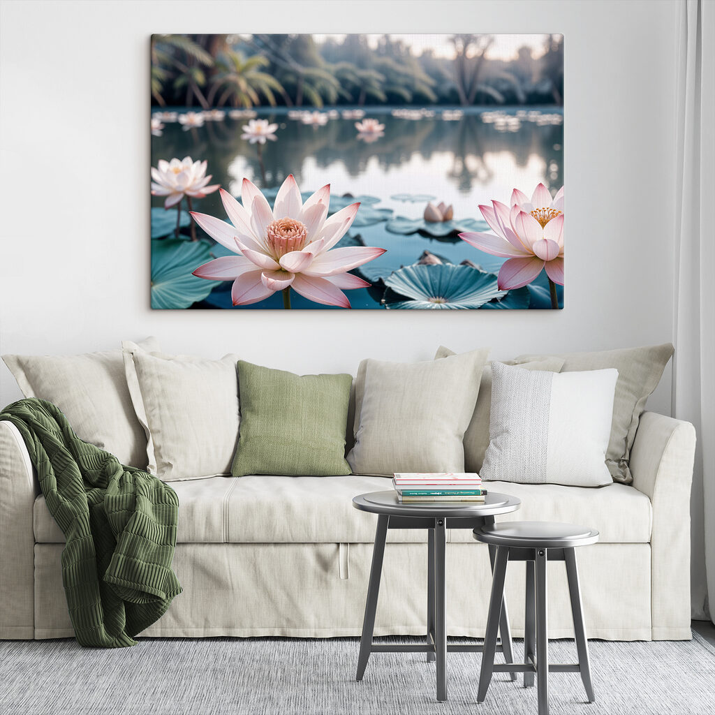 Pink and white flowers on a lake