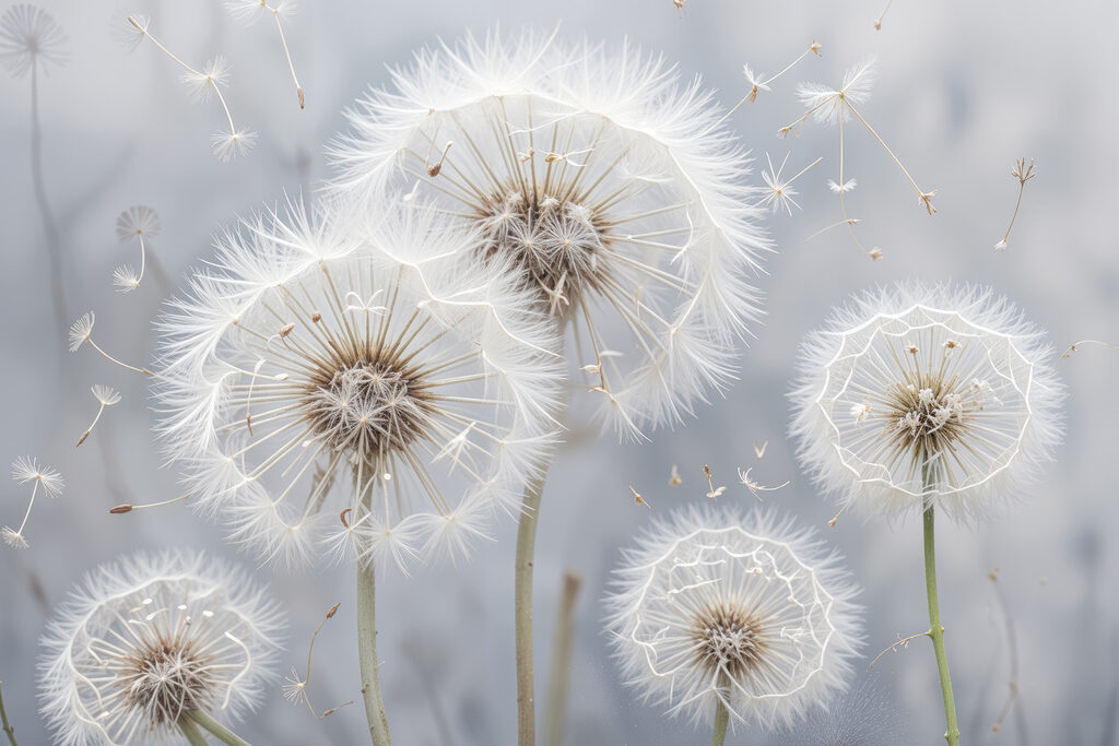 Group of dandelions with seeds flying Group of dandelions with seeds flying
