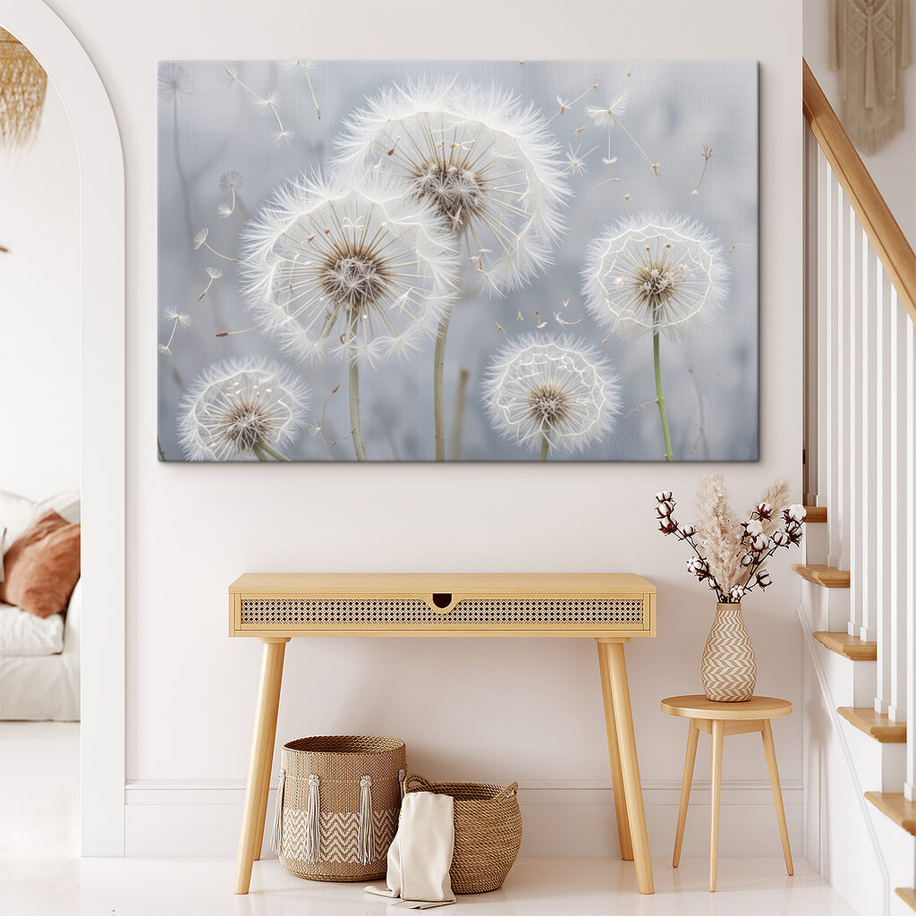 Group of dandelions with seeds flying Group of dandelions with seeds flying