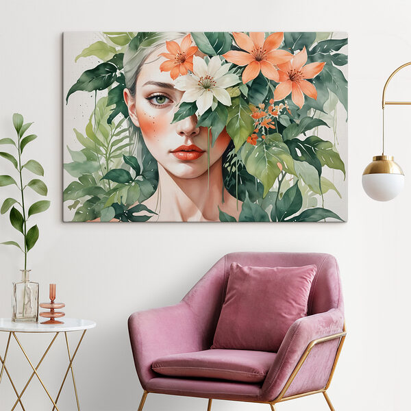 Woman with flowers around her face Woman with flowers around her face