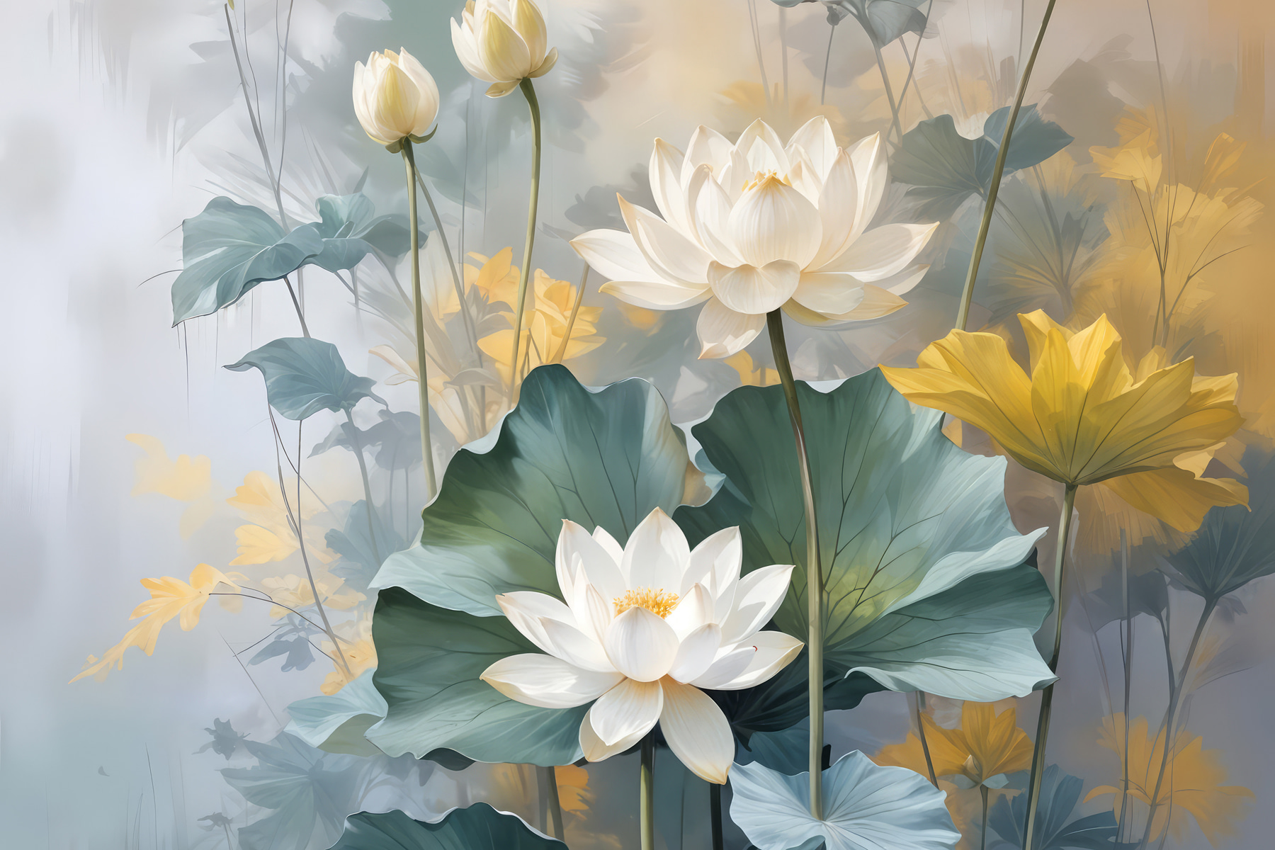 Painting of white flowers and green leaves Painting of white flowers and green leaves