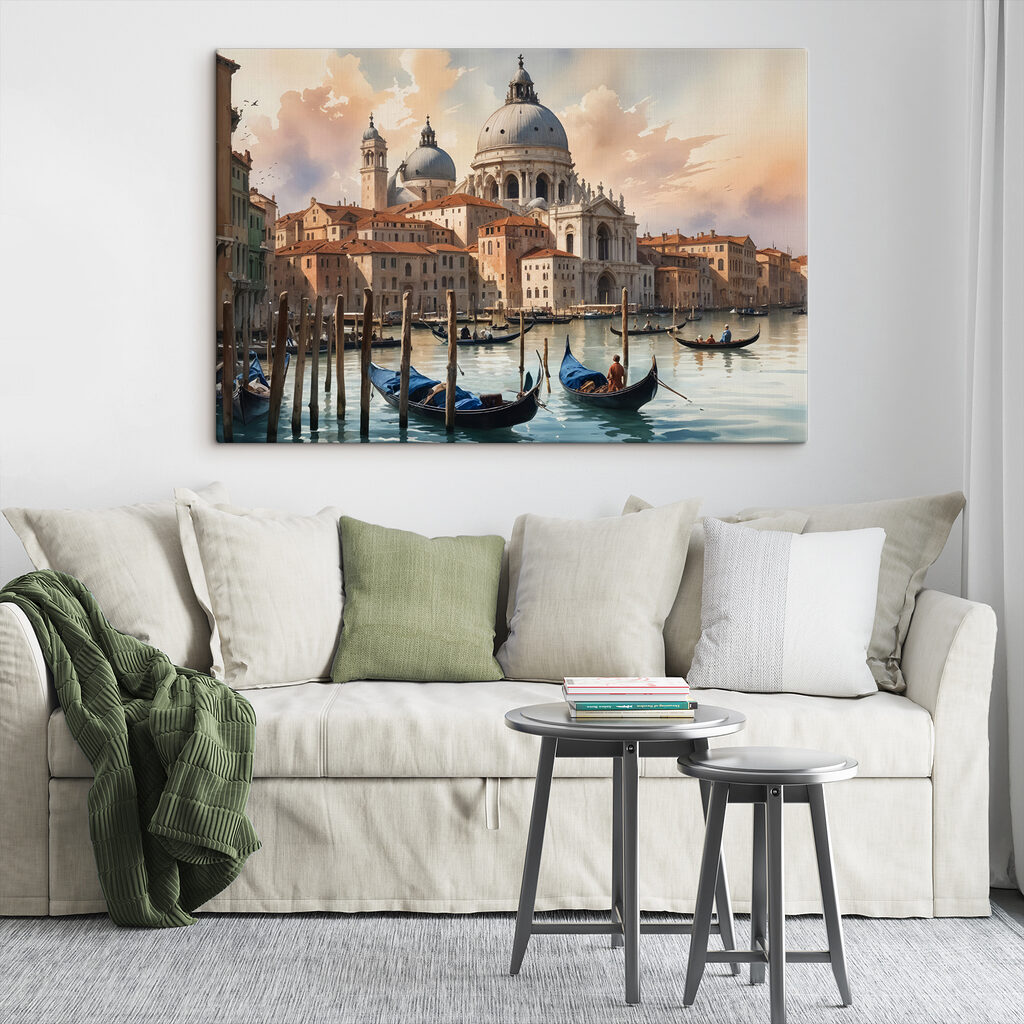 Group of gondolas in a body of water with a large building in the background