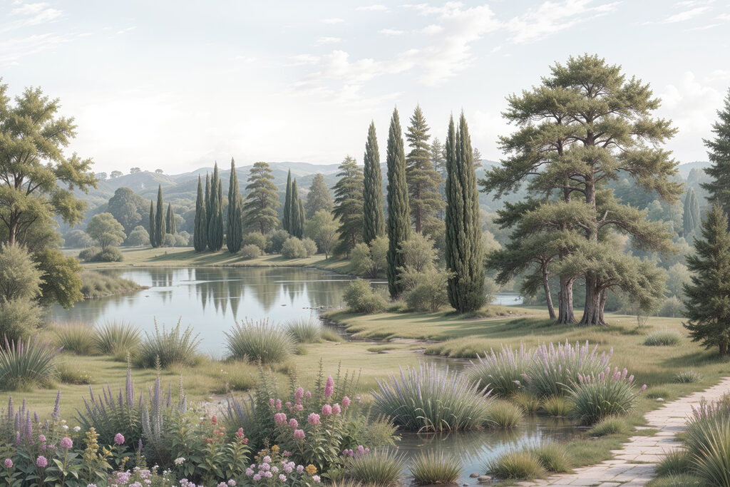 Lake with trees and grass and flowers