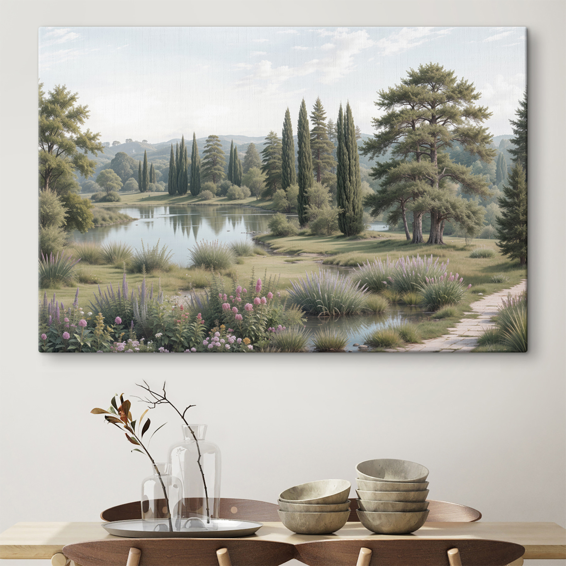 Lake with trees and grass and flowers