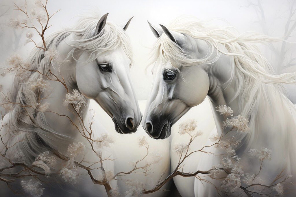 Two white horses with long manes