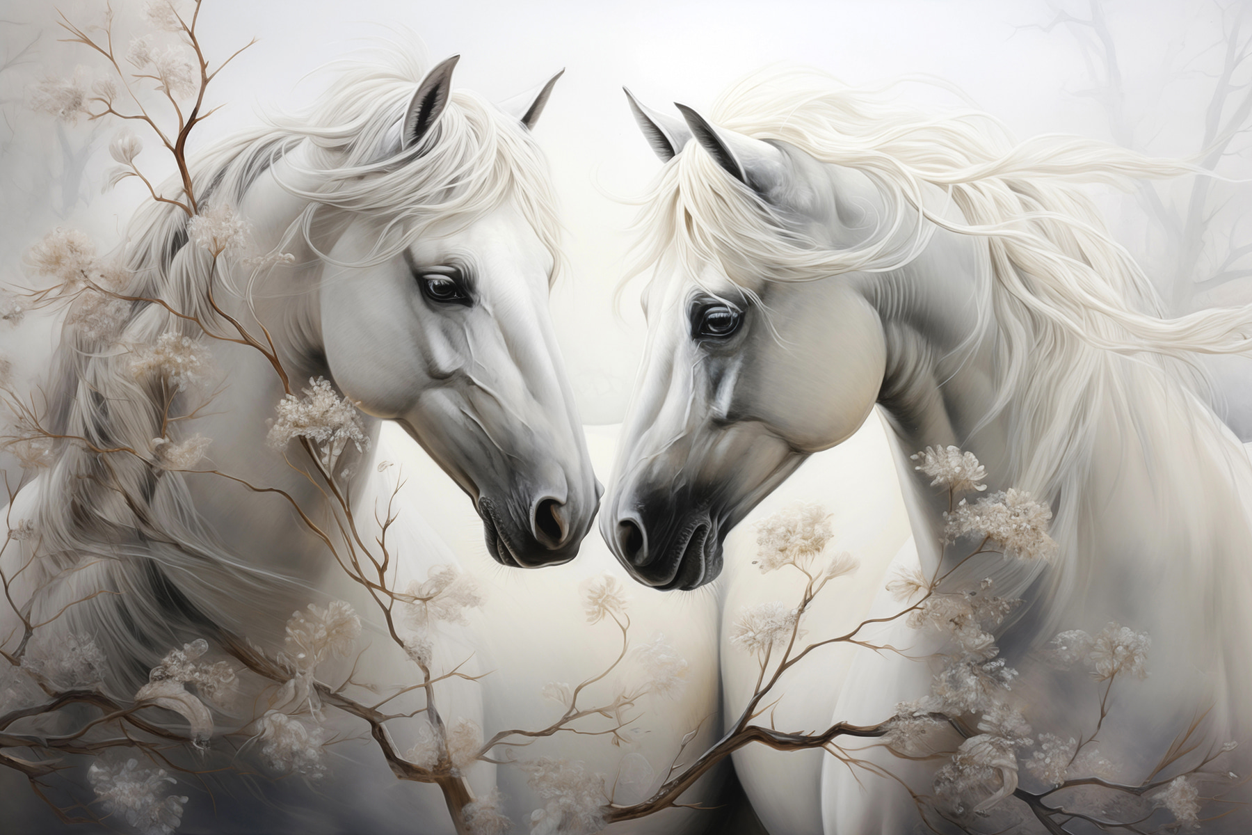 Two white horses with long manes
