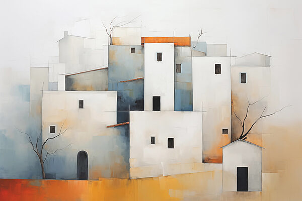 Painting of a group of buildings Painting of a group of buildings