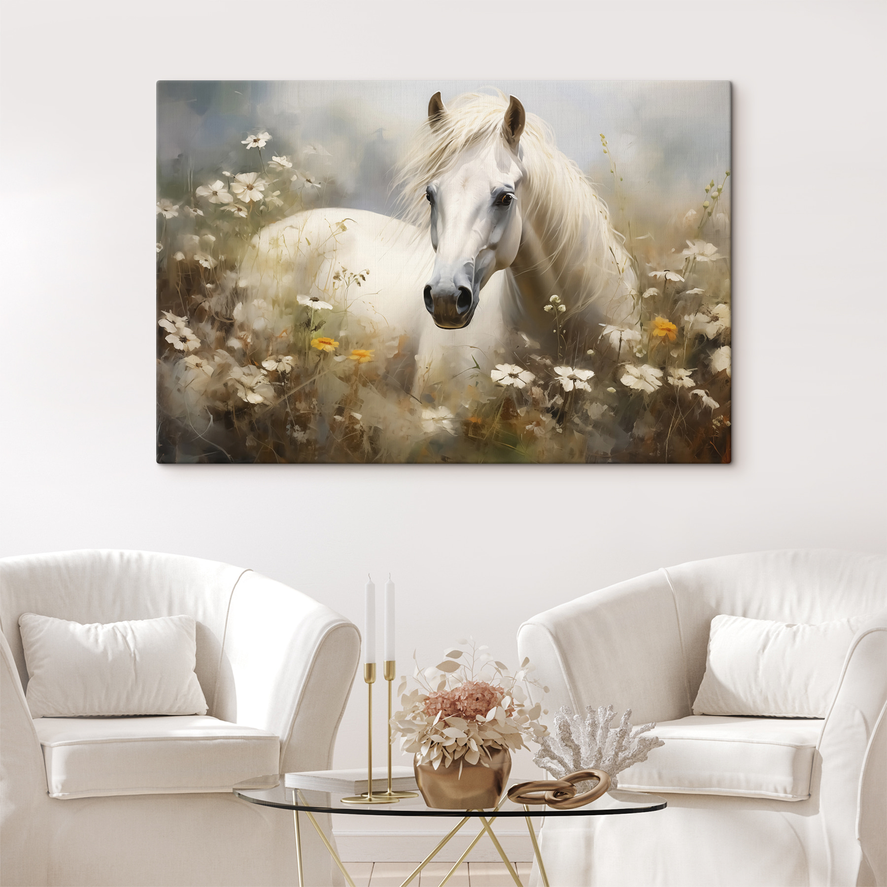 White horse in a field of flowers White horse in a field of flowers