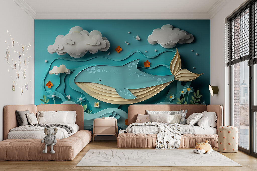 Paper cut whale in the ocean