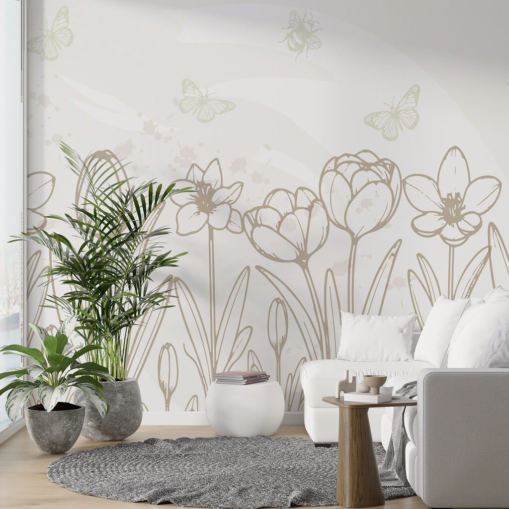 Line drawing of flowers and butterflies