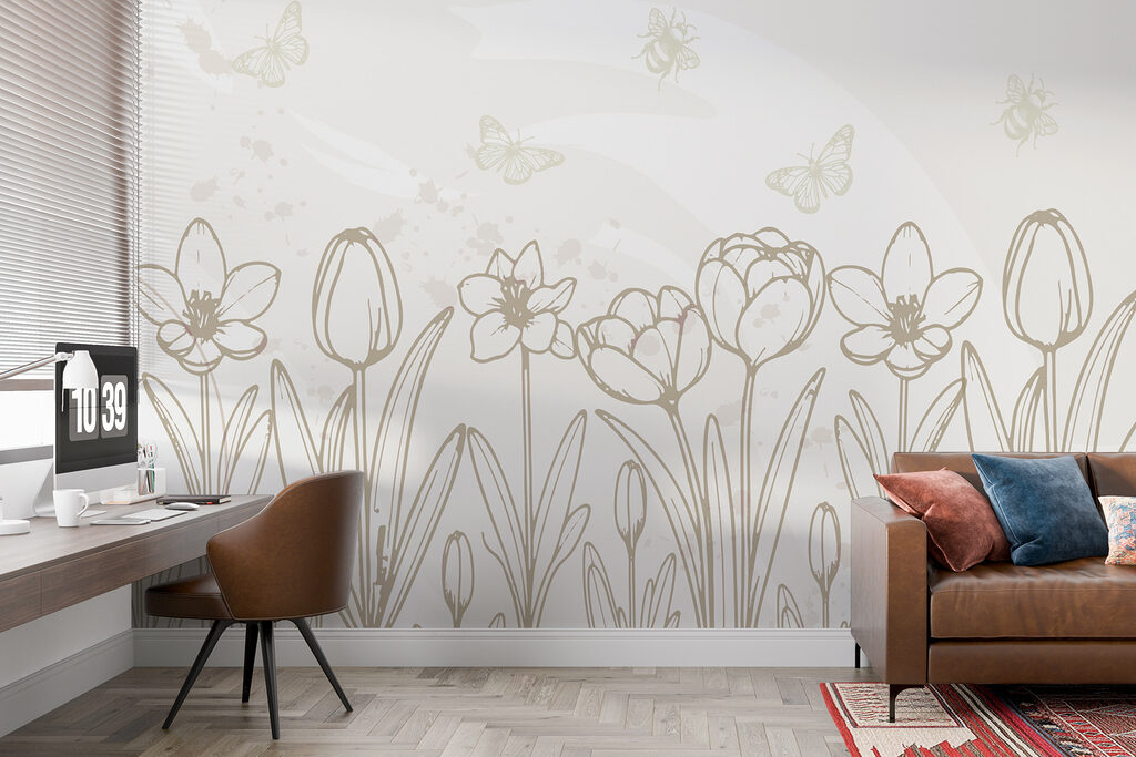 Line drawing of flowers and butterflies