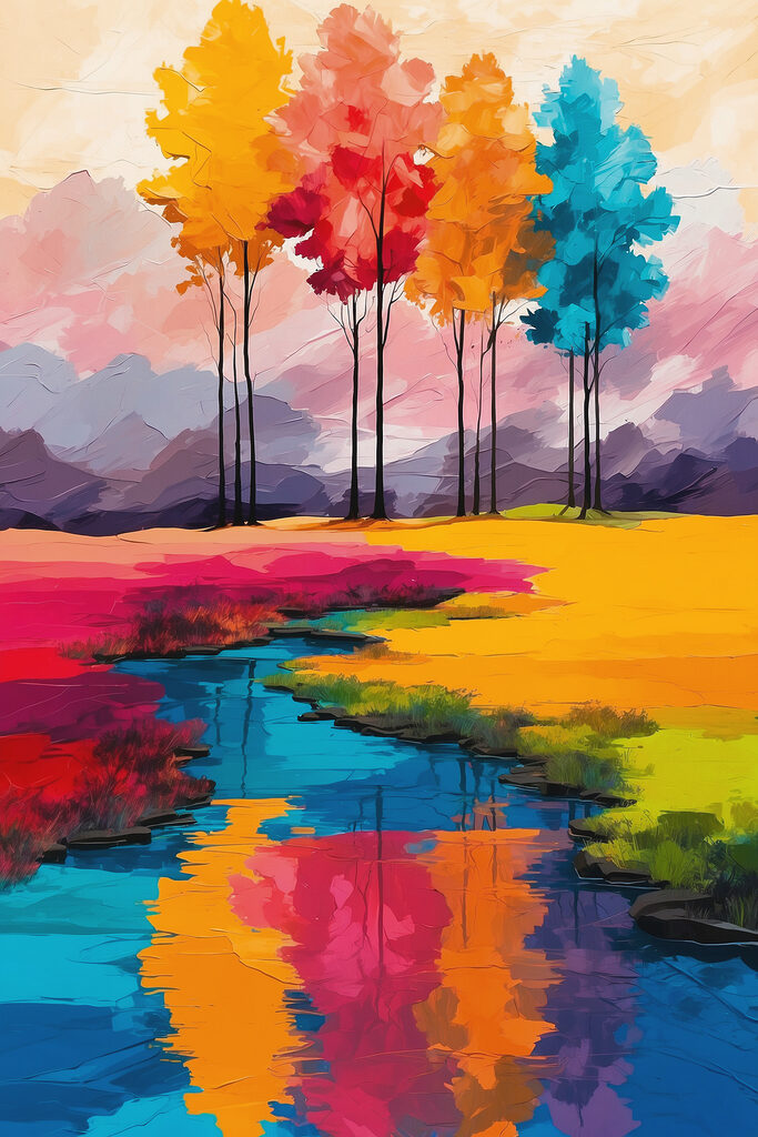 Painting of a river running through a field of colorful trees Painting of a river running through a field of colorful trees