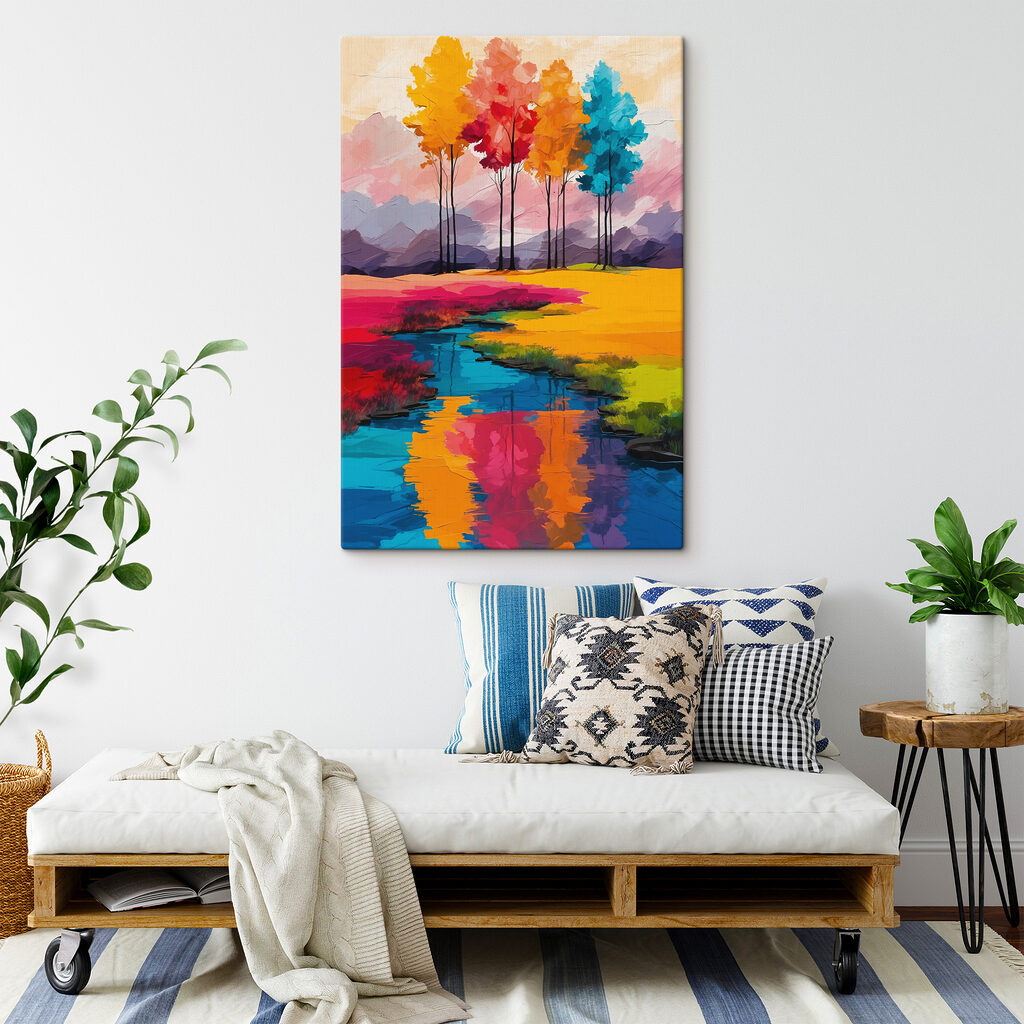 Painting of a river running through a field of colorful trees Painting of a river running through a field of colorful trees