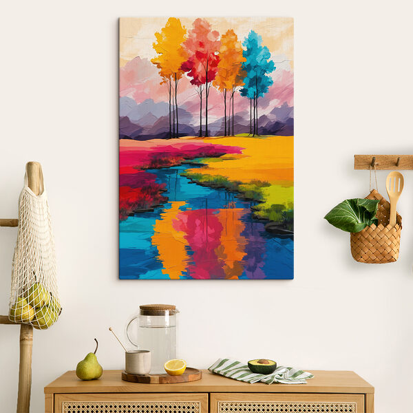 Painting of a river running through a field of colorful trees Painting of a river running through a field of colorful trees