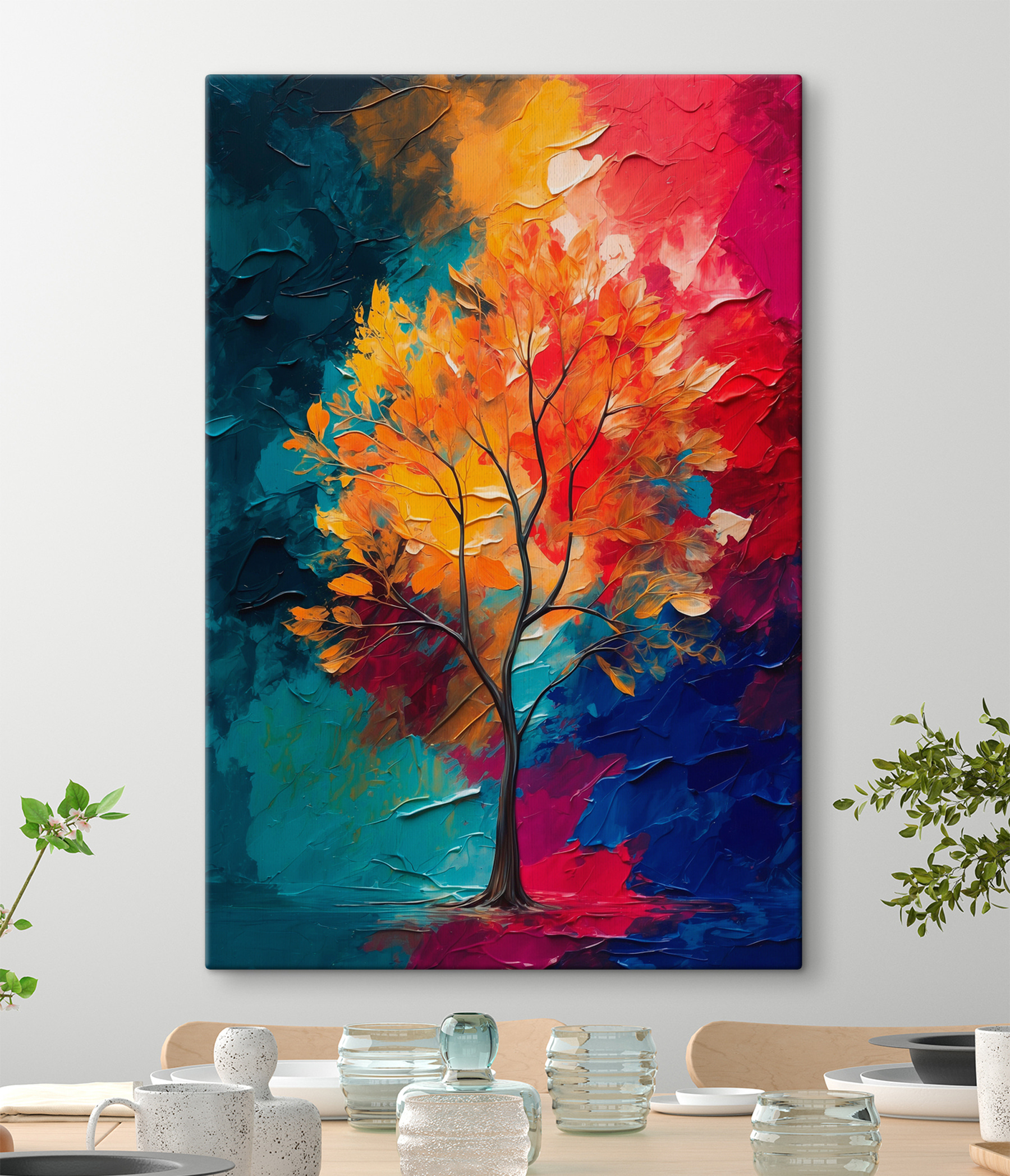 Painting of a tree with orange and blue leaves