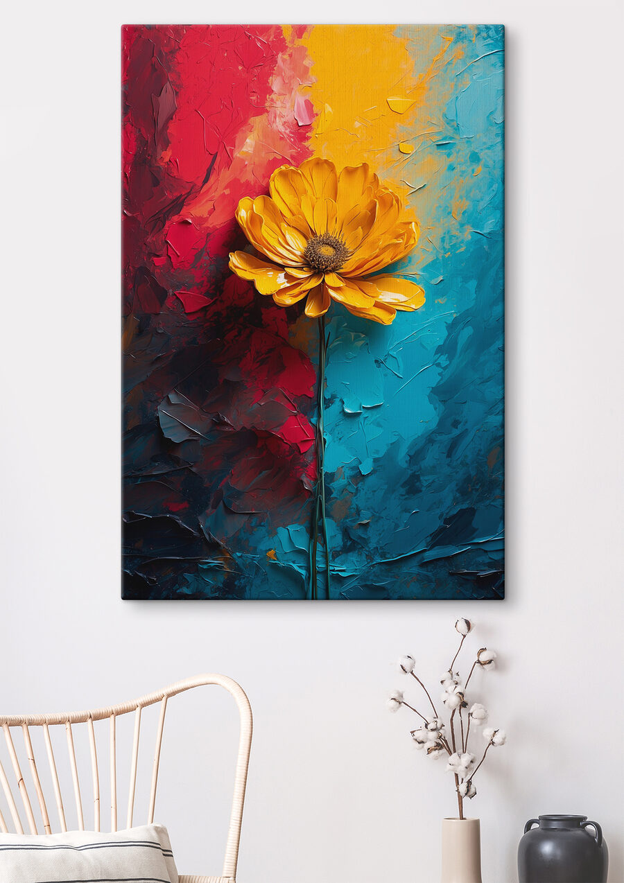 Yellow flower on a blue and red background Yellow flower on a blue and red background