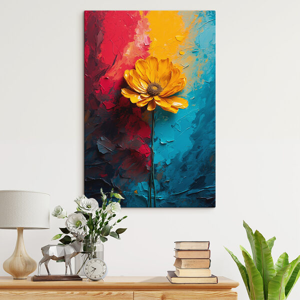 Yellow flower on a blue and red background Yellow flower on a blue and red background