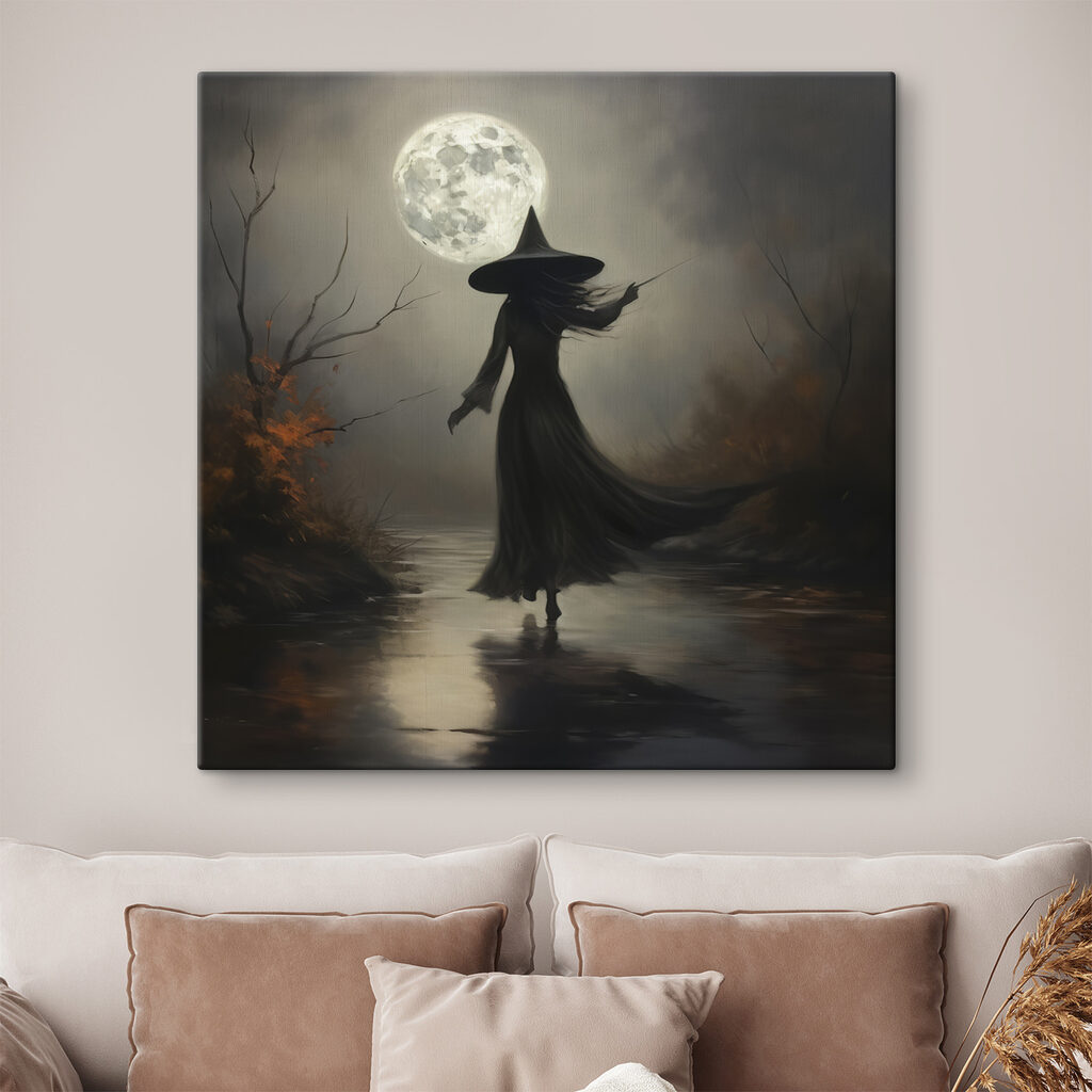 Woman in a person garment walking on a path with a full moon