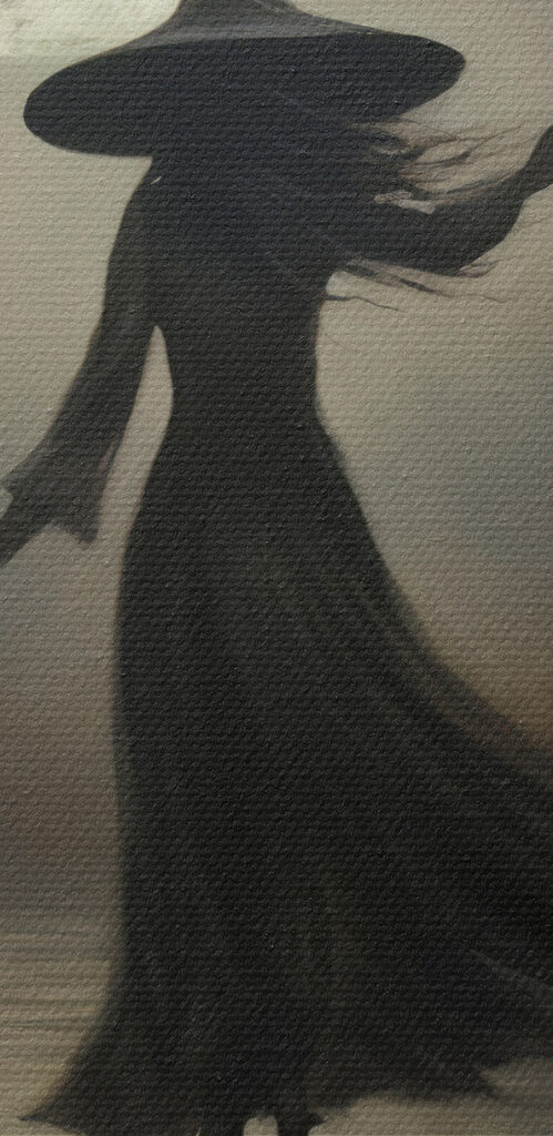 Woman in a person garment walking on a path with a full moon