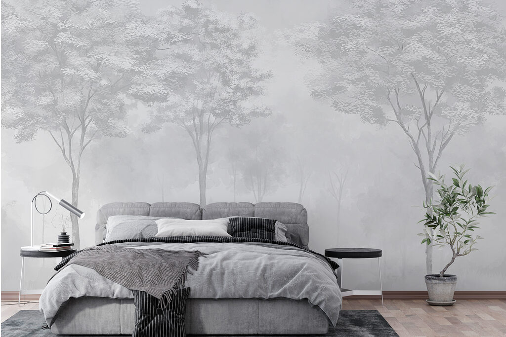 Group of trees in a foggy forest Group of trees in a foggy forest