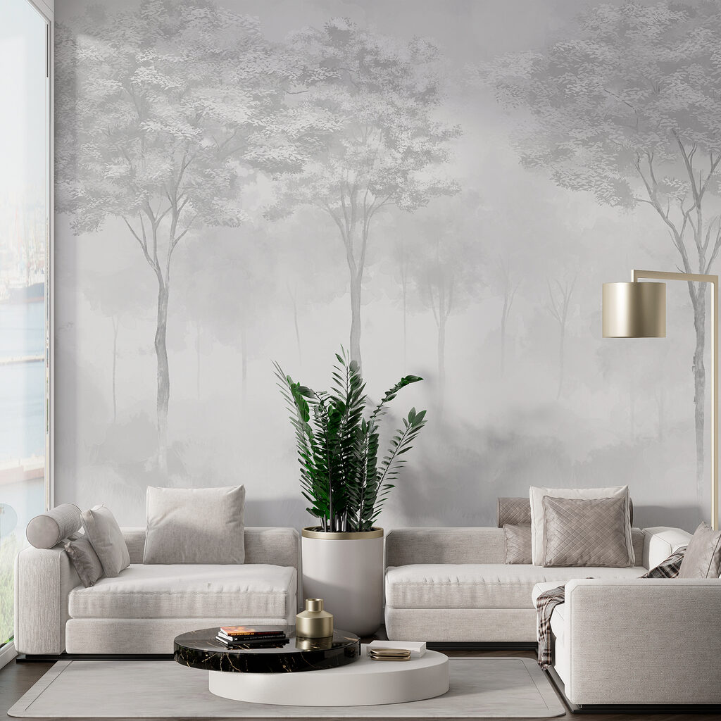 Group of trees in a foggy forest Group of trees in a foggy forest