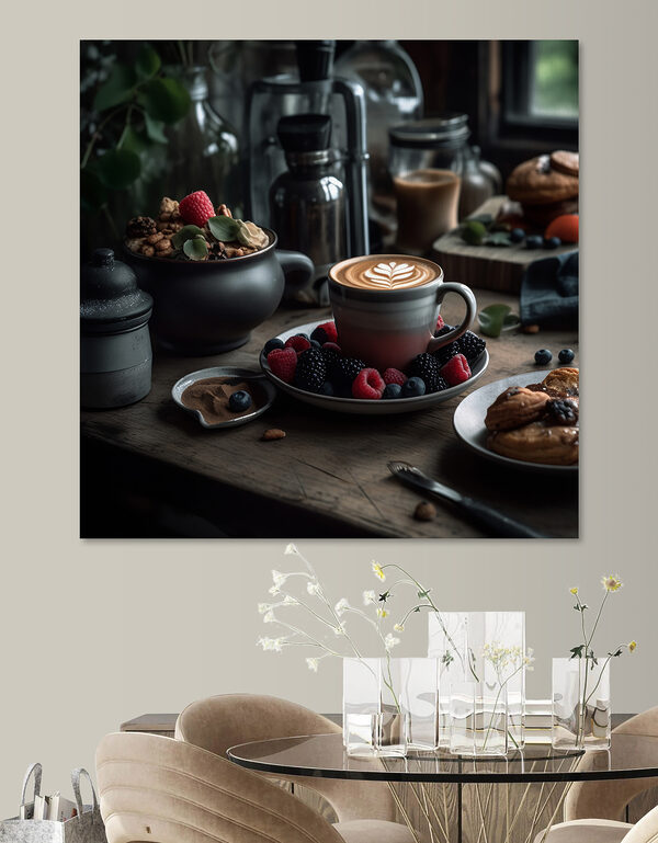 Cup of coffee with a latte art on a plate with fruit and cereals Cup of coffee with a latte art on a plate with fruit and cereals