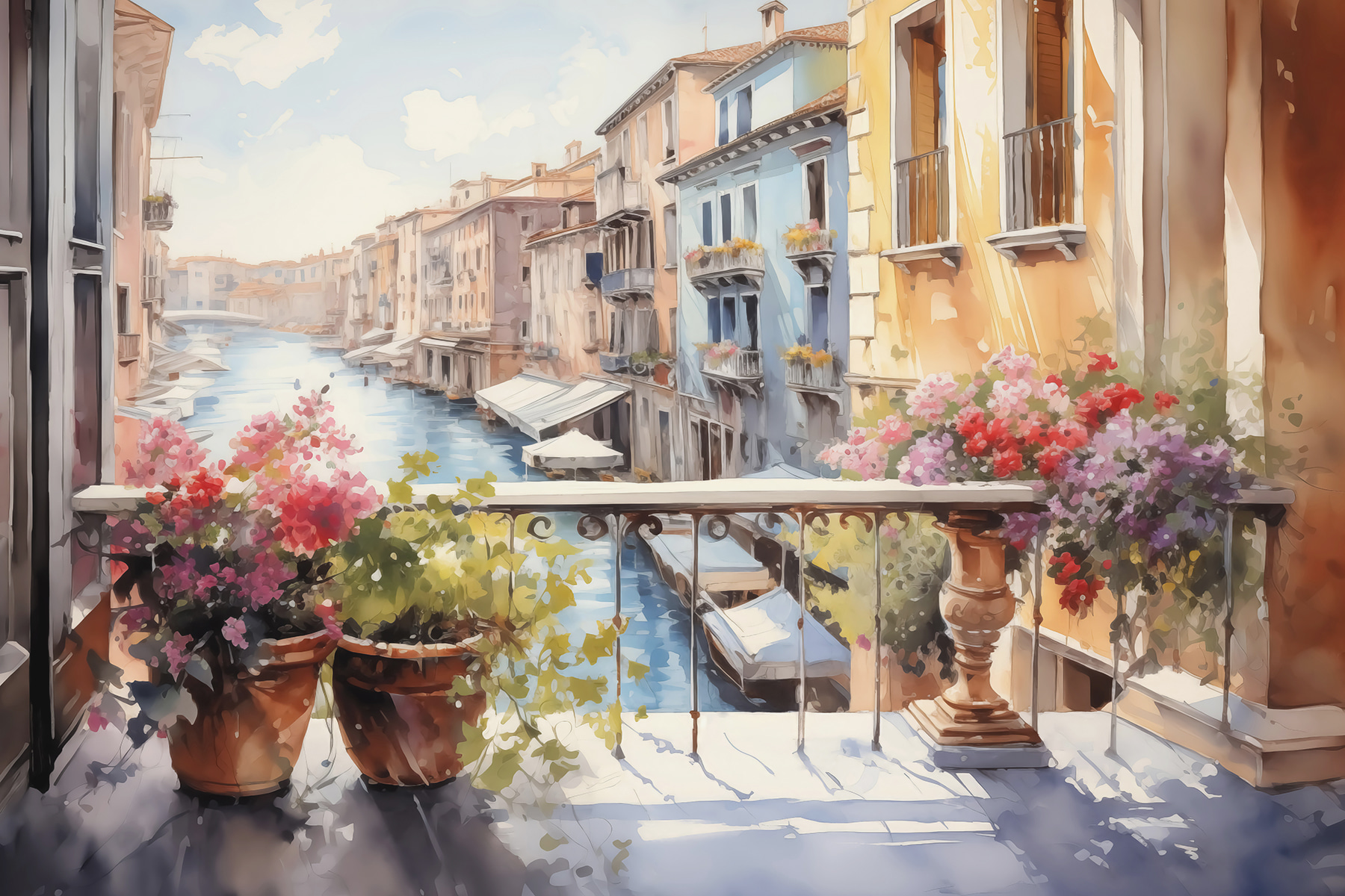Watercolor painting of a river with a row of buildings and flowers on a balcony
