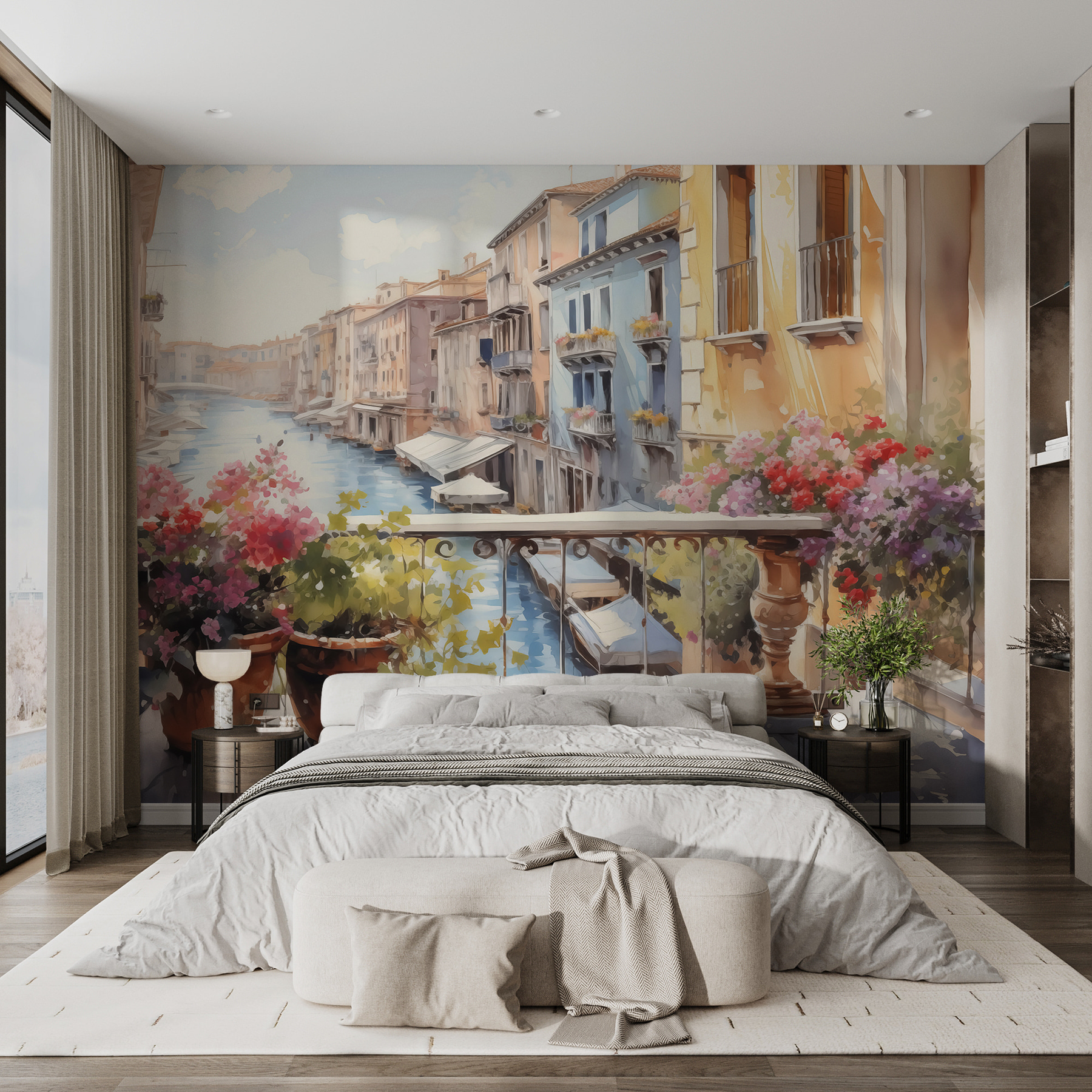 Watercolor painting of a river with a row of buildings and flowers on a balcony