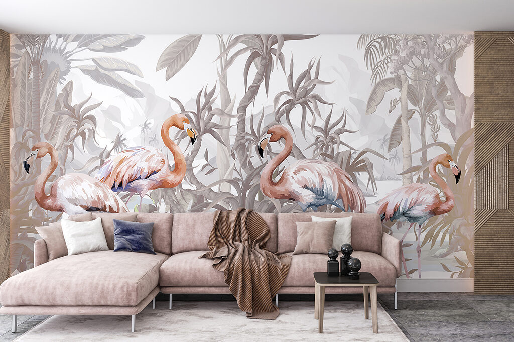 Group of flamingos in a forest Group of flamingos in a forest