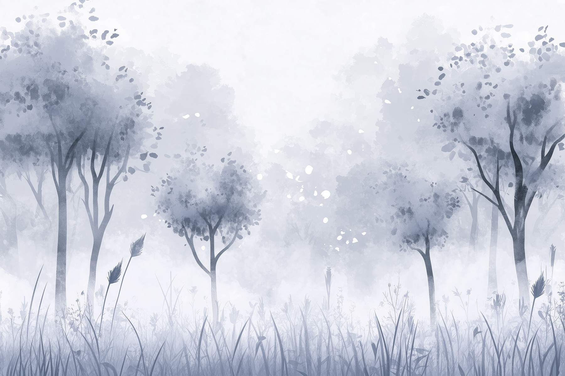 Foggy forest with trees and grass