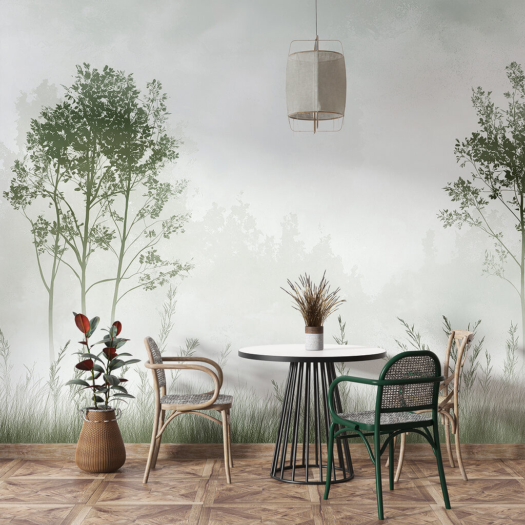 Foggy landscape with trees and grass Foggy landscape with trees and grass