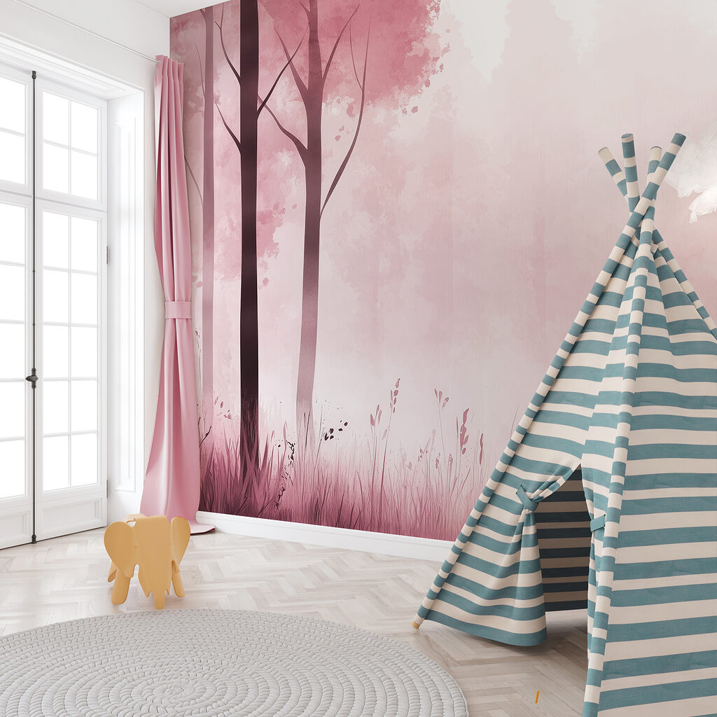 Foggy forest with pink trees