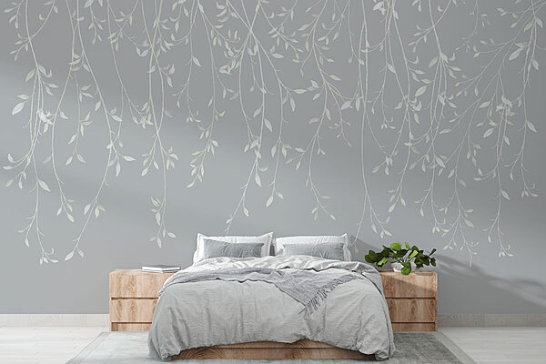 White and gray background with leaves