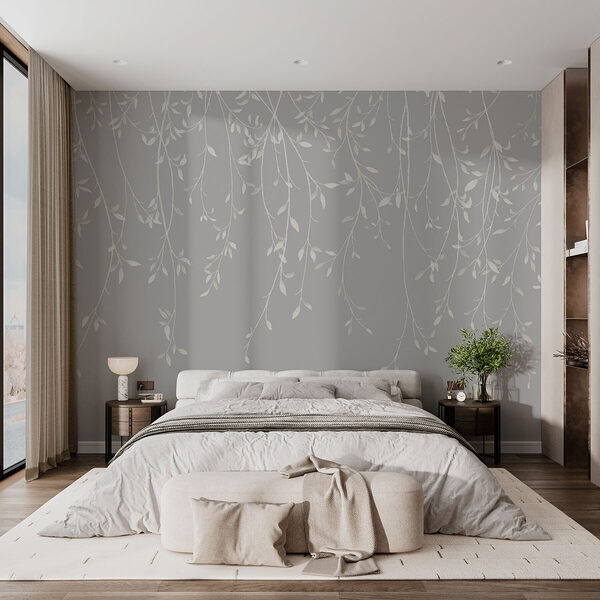 White and gray background with leaves