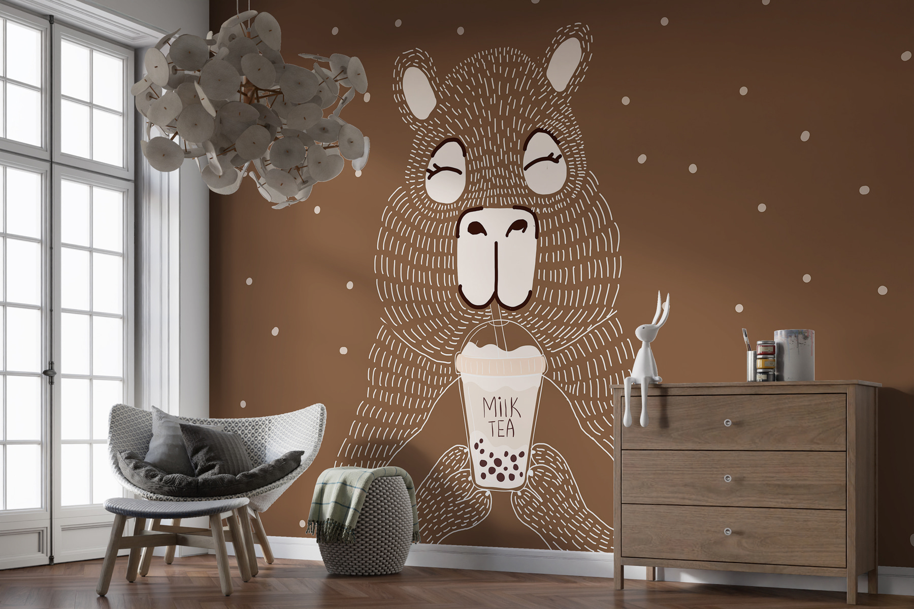 Cartoon animal holding a cup of milk tea