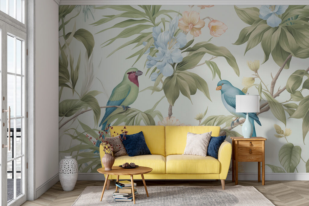 Wallpaper with birds and flowers